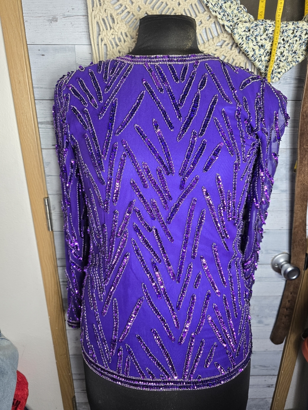 Vtg 80's Purple Sequined Silk Long Sleeve Top Retro Bold Eclectic Maximalist